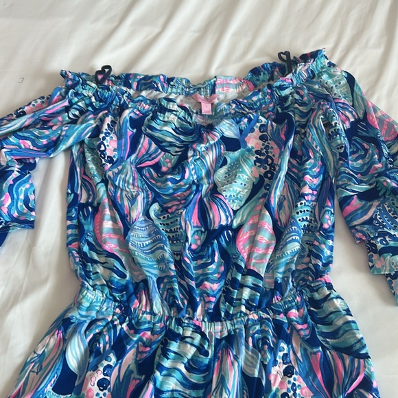Lilly Pulitzer Calla Off the Shoulder Romper in Twilight Blue Scale Up - Picture 8 of 17